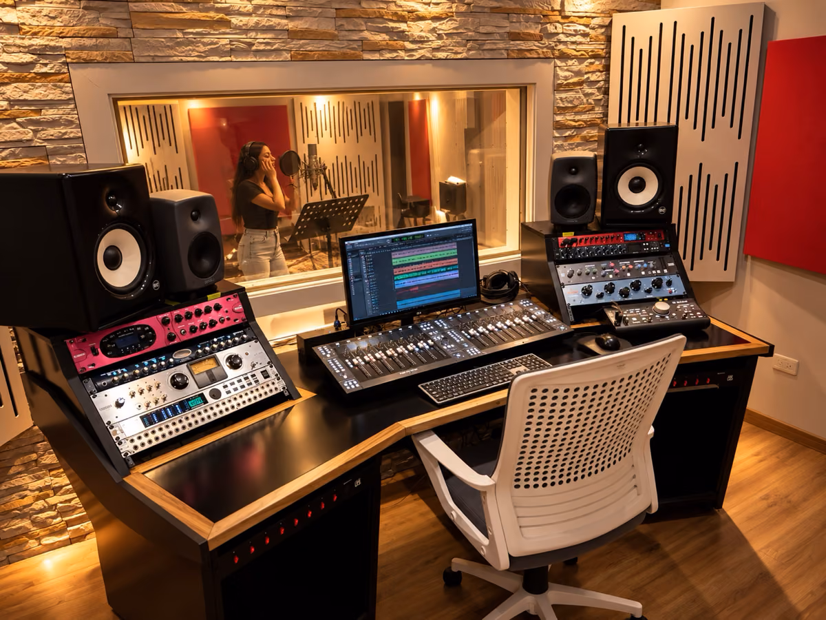 Sala de control de Fonosónico con consola, monitores y equipos de audio, y una cantante grabando al otro lado del vidrio