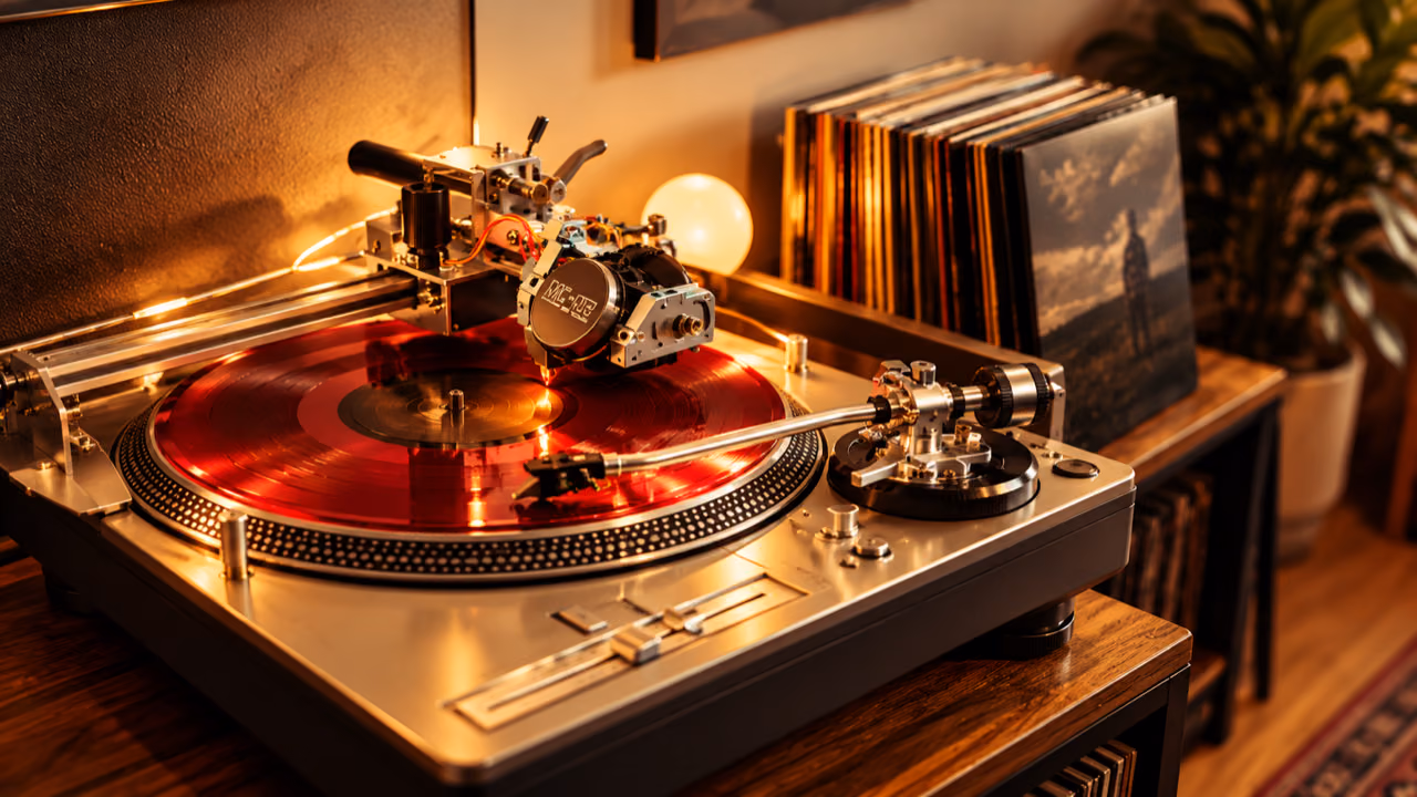 Torno de corte grabando un disco de vinilo rojo, junto a una colección de discos