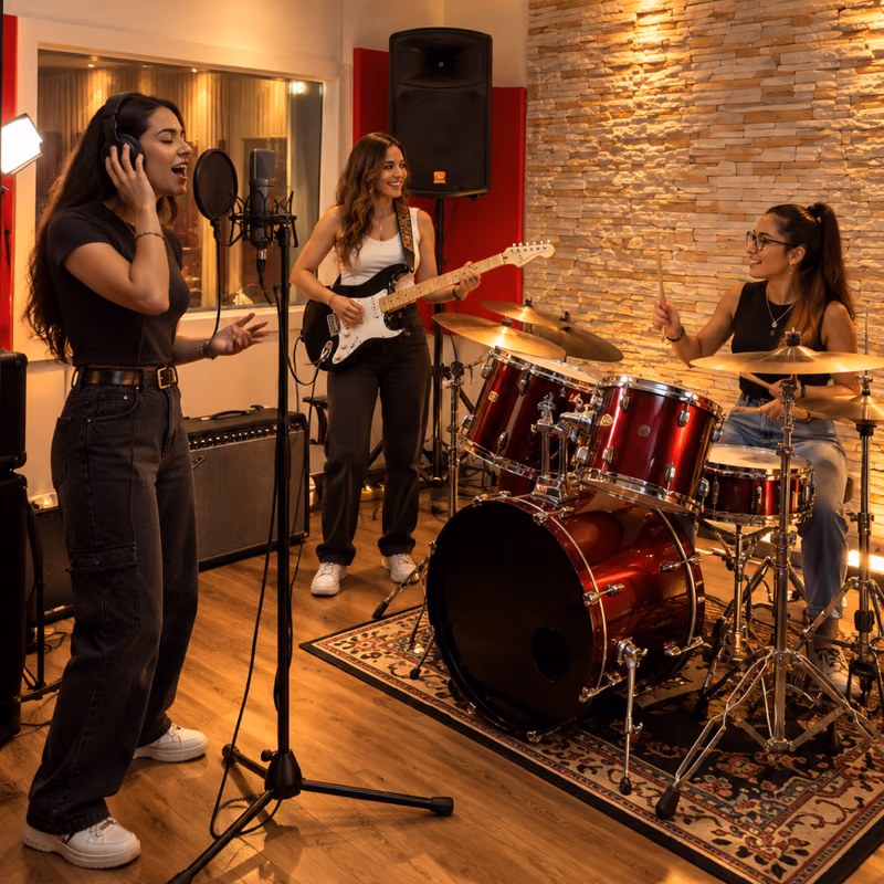 Banda ensayando en la sala de Fonosónico: cantante, guitarrista y baterista